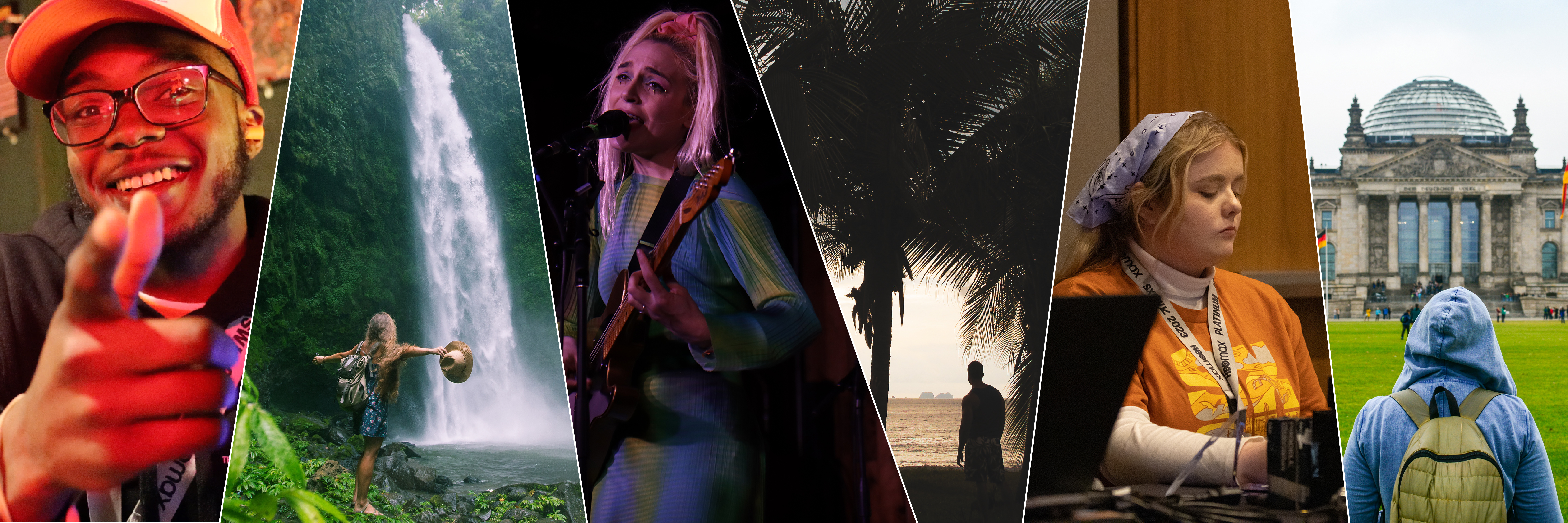 Various images of students in places: male student of color pointing. Girl with long hair looking at a waterfall. Gril with pink hair playing guitar. Student looking at palm trees looking across the horizon. TESM student at SXSW working a table. Student with backpack in Europe looking at an old domed building. 